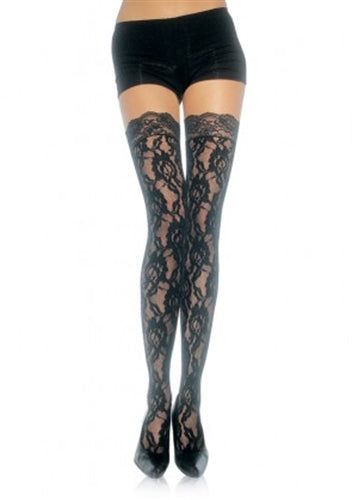Lace Top Lace Thigh Highs - One Size - Black